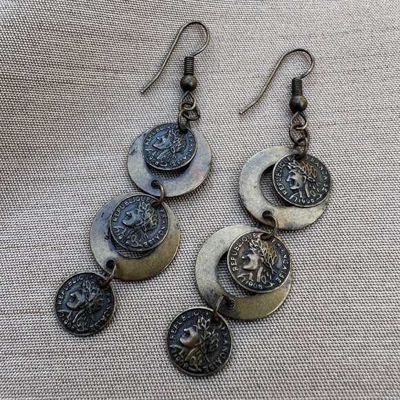 Vintage French Coin Drop Statement Earrings Coin Jewellery - Picture 1 of 5